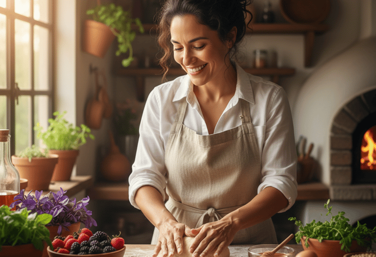mujer feliz usando ingredientes naturales para hornear