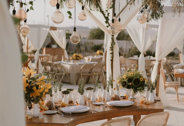 Mesa de boda al aire libre con decoración blanca y girasoles.