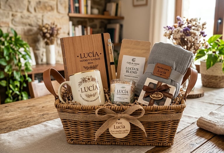 Personalized gift basket with a wooden journal, custom ceramic mug, and cozy blanket on a rustic table.