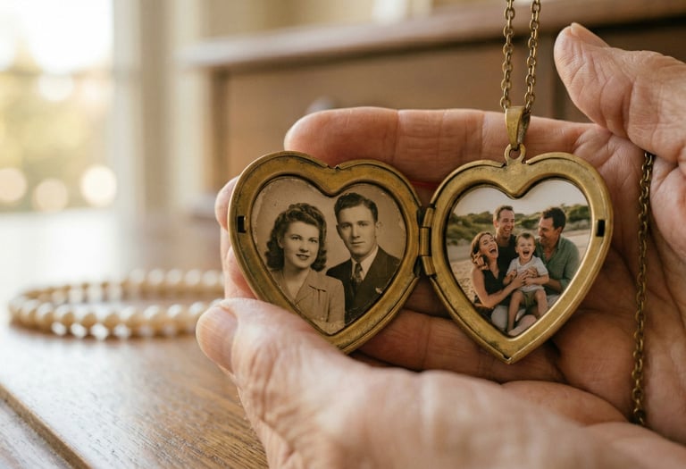 Relicario de corazón dorado abierto con fotos familiares antiguas y modernas en blanco y negro.