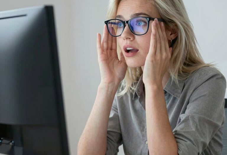 A thoughtful professional reviewing a decision survey on a laptop in a cozy office setting.