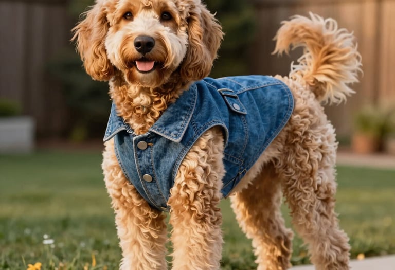 Perro color café de pelo chino usandon un chaleco de mezclilla