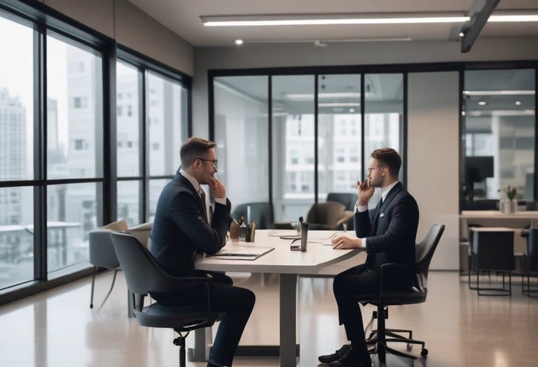 A team meeting in a modern office with blue and white accents, planning influencer campaigns.