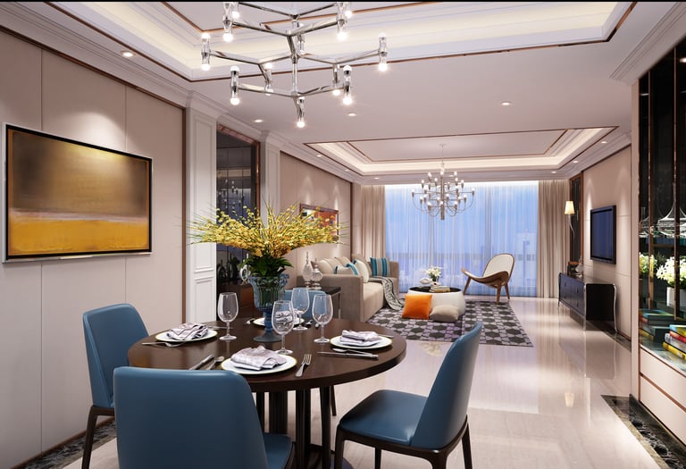 Luxury residential dining and living area — blue chairs, elegant table setting, warm lighting