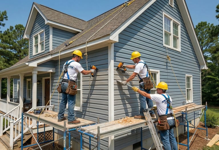 Siding repair contractors fixing damaged vinyl siding in Durham NC