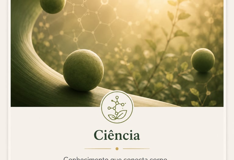 Imagem representando ciência e natureza com estruturas moleculares e esferas verdes sobre folha.