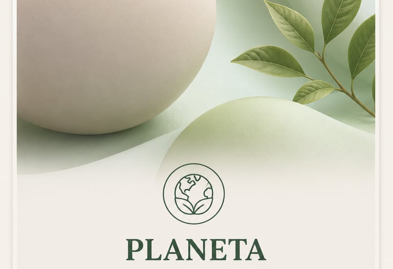 Design minimalista e ecológico com folhas verdes, esferas lisas  sobre o cuidado com o planeta.