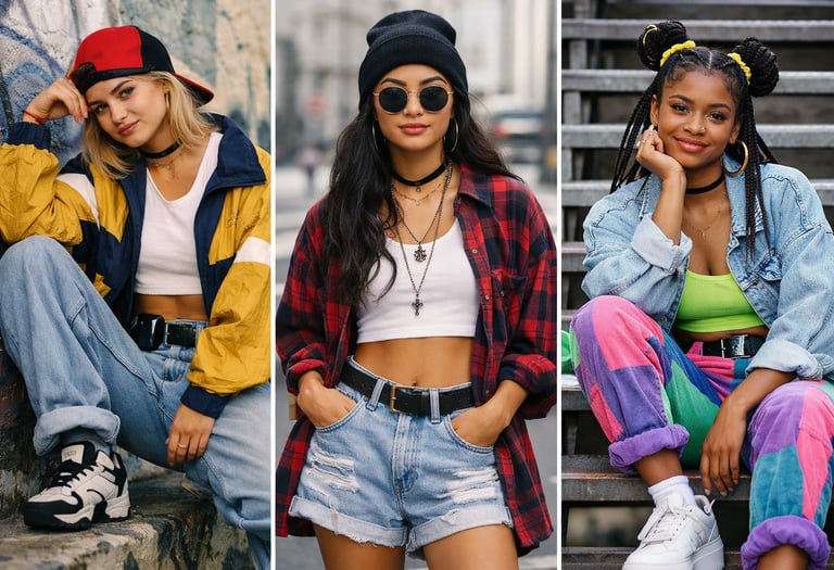 Stylish girls in 90s fashion outfits with denim, plaid, and retro streetwear.