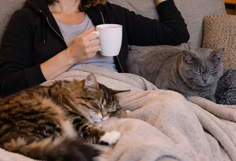 une femme qui se repose avec ses chats grâce à La Vie Sans Crotte