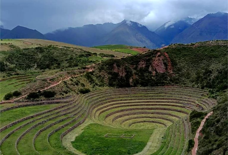 Circular agricultural terraces at the Moray Inca ruins in the Sacred Valley, Peru.