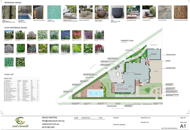 Detailed landscape design featuring a site layout, plant list, and reference images.