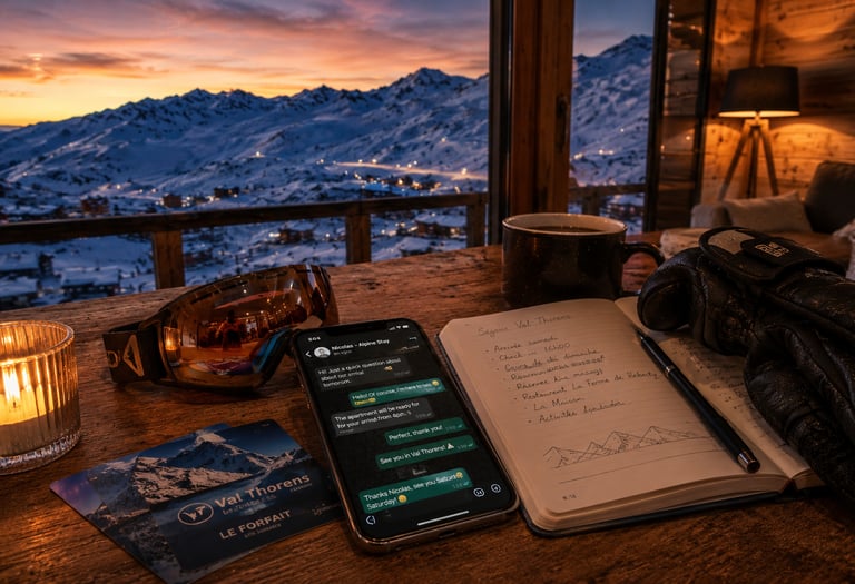 Warm Val Thorens alpine stay with mountain sunset view, personalized guest communication, and cozy ski chalet atmosphere.