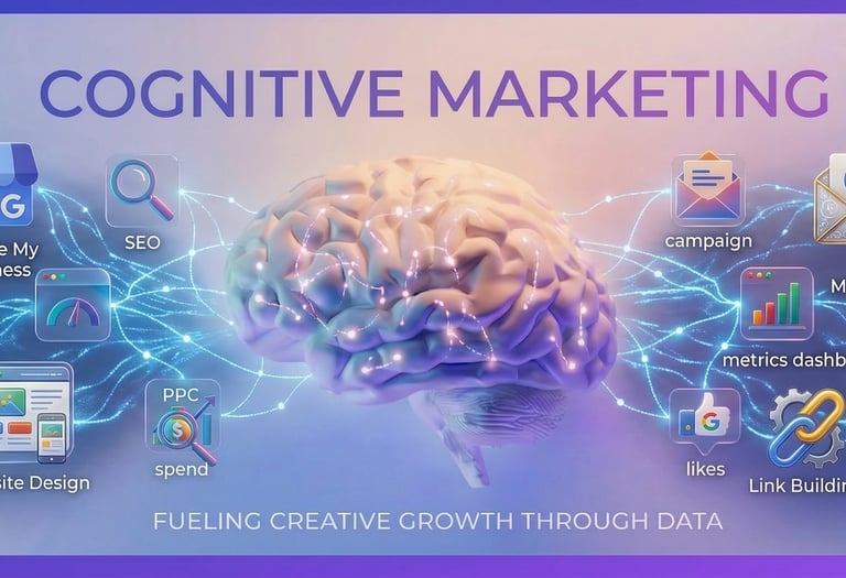 Cognitive marketing banner showing a human brain connected to digital icons for SEO, PPC, and social media.