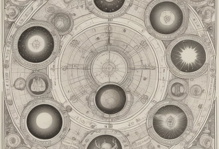 Astrological symbols of zodiac signs and planets softly glowing in the background.