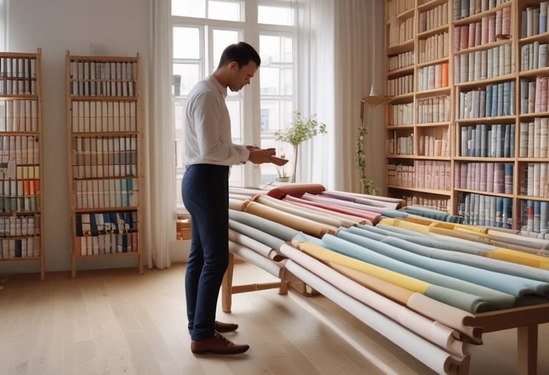 Handcrafted French fabric bags and accessories neatly arranged on a rustic wooden table.