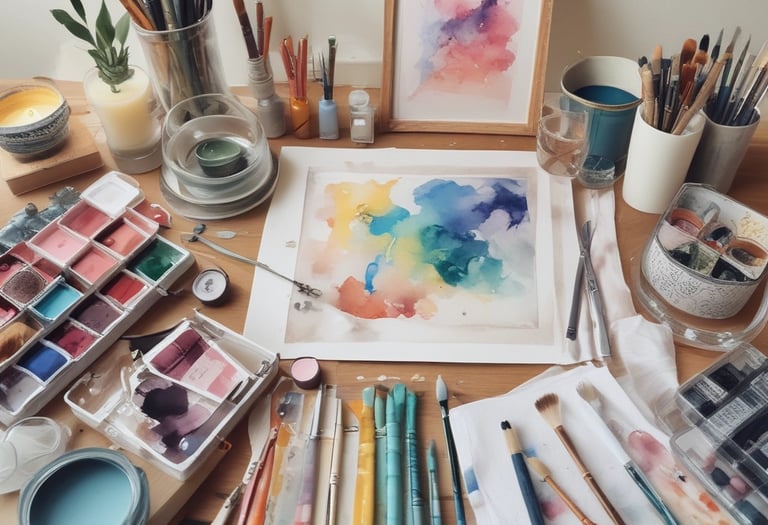 A cozy workspace with soft natural light, showing hands delicately painting a bookmark surrounded by candles and scarves.