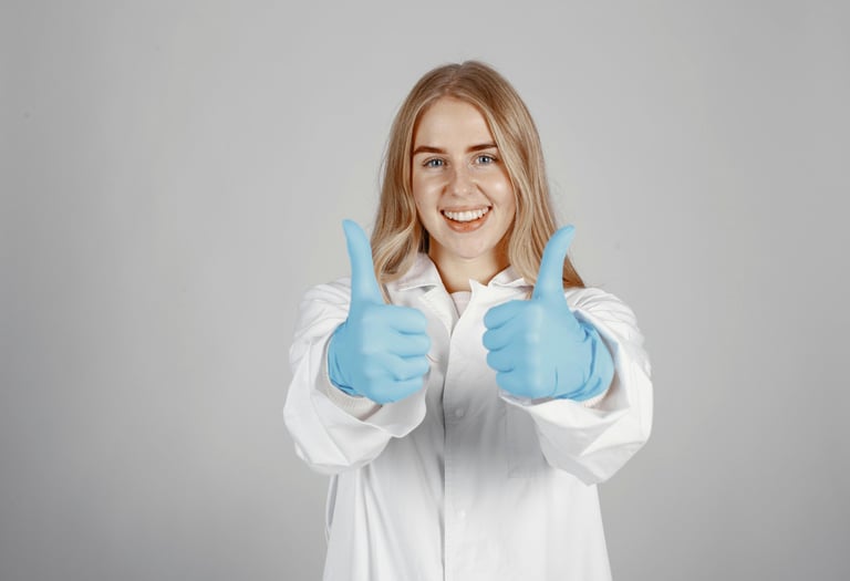 Female in lab coat with blue gloves giving thumbs up sign
