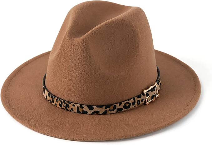 Women’s wide brim felt fedora Panama hat with leopard belt, stylish fall accessory.
