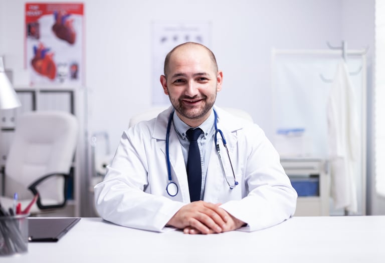 profissional da área da saúde sentado em consultório médico com jaleco e estetoscópio