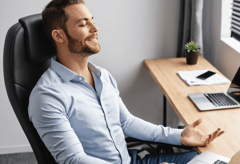 Corporate Wellness - man meditates in office with laptop next to him