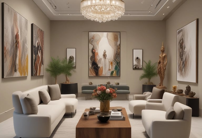A vibrant art installation featuring a mix of traditional and contemporary pieces.