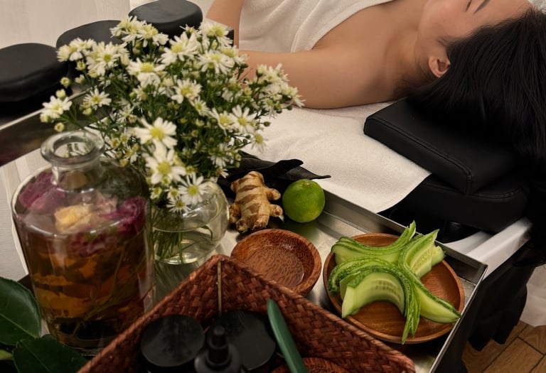 a woman laying on a bed with a tray of hairbrushes