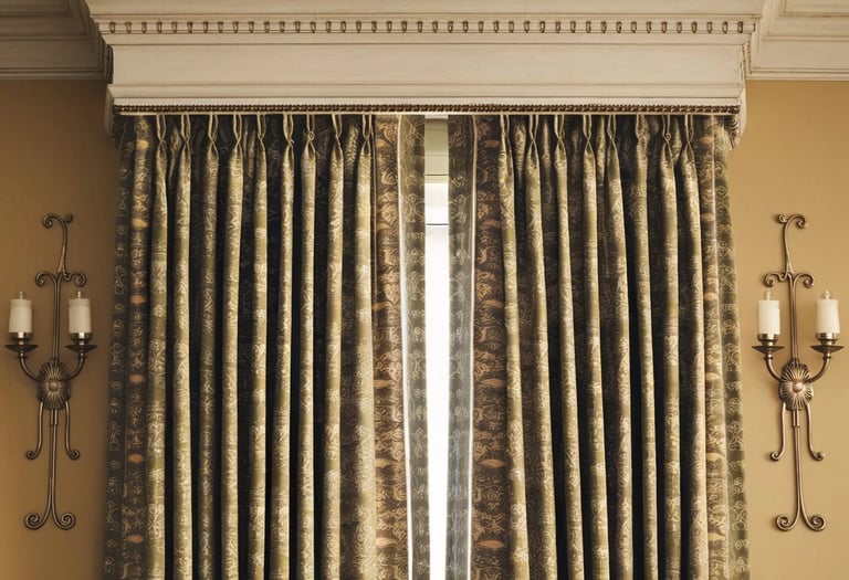 Paire de rideaux à tête double plis surmontée d'une cantonnière