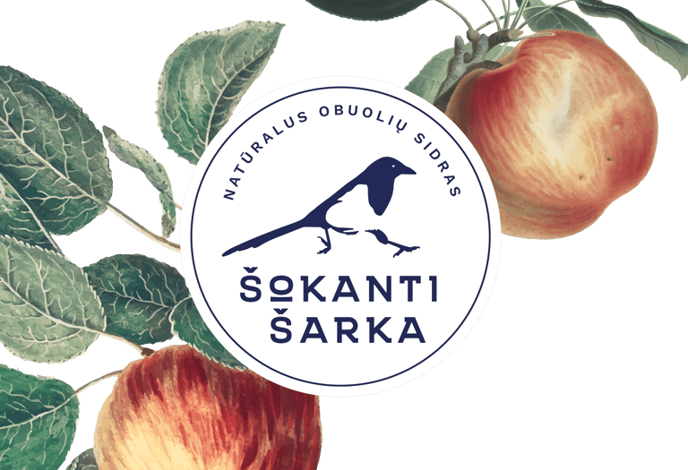 apple tree with ripe apples and a logotype with dark blue magpie