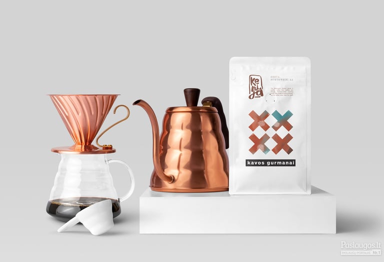 scene of a coffee pot and coffee bag, copper color, modern design