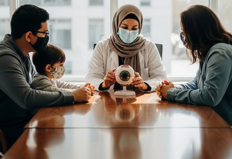 Optometrist counselling about eye health, eye diseases and management