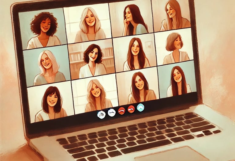 a group of women connect over a video conference indicating group coaching