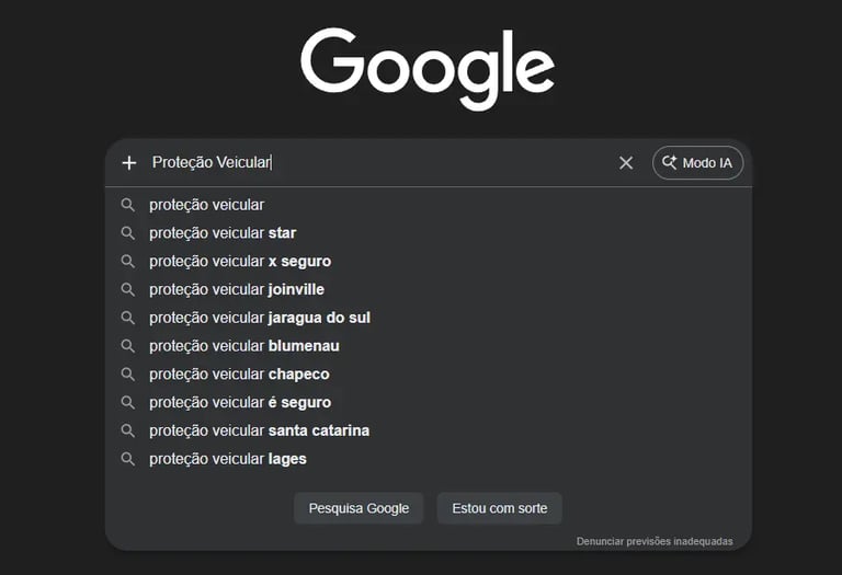 Resultados de busca no Google para proteção veicular mostrando volume de pesquisas