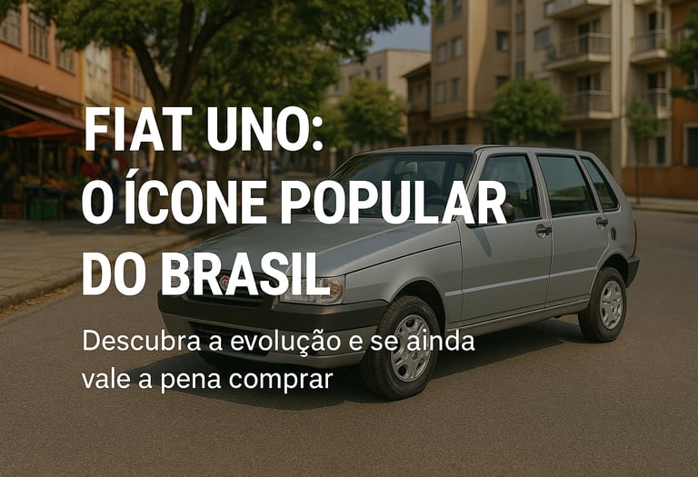 Fiat Uno prata estacionado em rua urbana com chamada sobre sua popularidade no Brasil