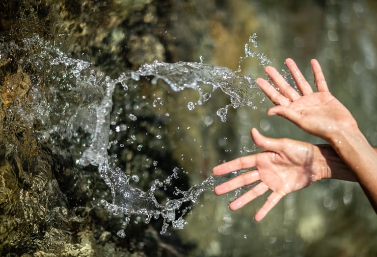 a person's hands are outstretched out of focus as they are touching the water
