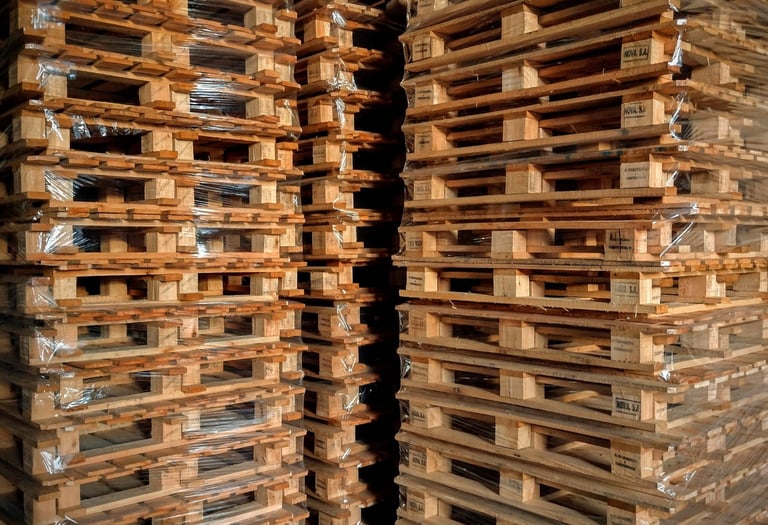 Grandes pilas de palés de madera tratada térmicamente, envueltos en plástico.