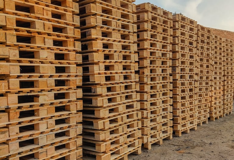 Grandes pilas de palés de madera industriales almacenadas al aire libre para su envío y logística.