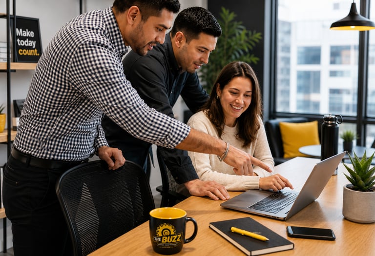 The Buzz digital marketing team reviewing Google Ads, Meta advertising, and online growth strategies