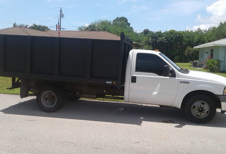 A white Ford F-350 dump truck with a black cargo bed parked on a residential street.