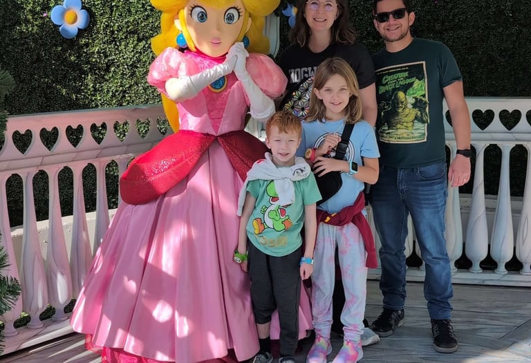 Katie Matzenbacher, Travel Agent, and her family with Princess Peach at Universal Studios Hollywood