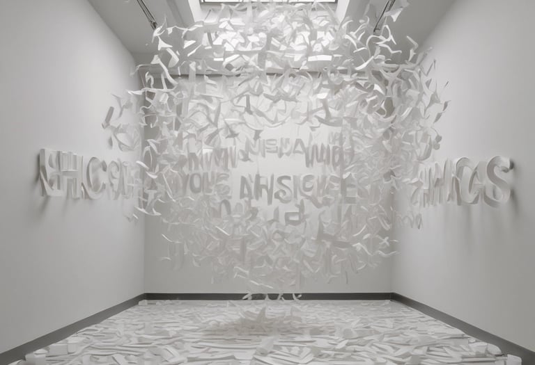 A sleek, dark-themed 3D digital gallery space with interactive art installations glowing softly in deep burgundy accents.