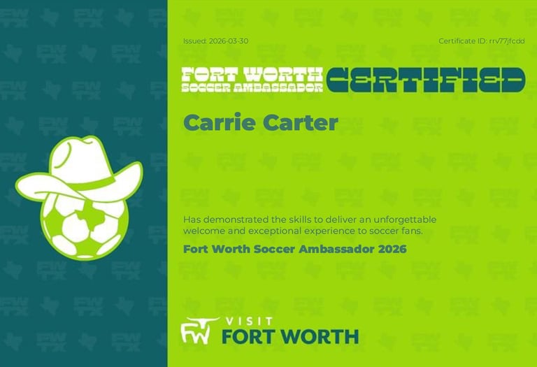 shows Certification for business owner for Fort Worth Soccer Ambassador"
