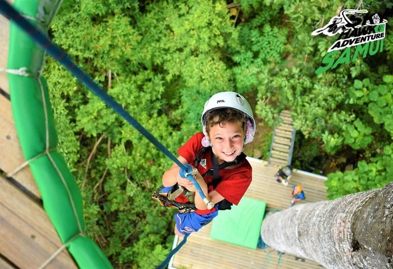 A person is zip-lining across a lush, green landscape, surrounded by dense foliage and rocky outcrop