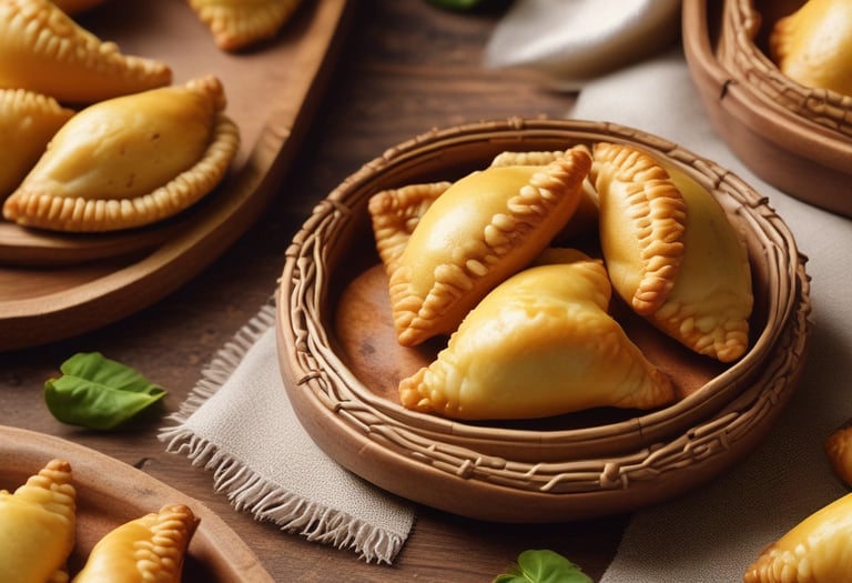 An assortment of baked pastries and empanadas on display with labels indicating different types and prices. The pastries are neatly arranged in rows, showcasing various fillings and crusts. The warm lighting emphasizes the golden-brown color of the baked goods.