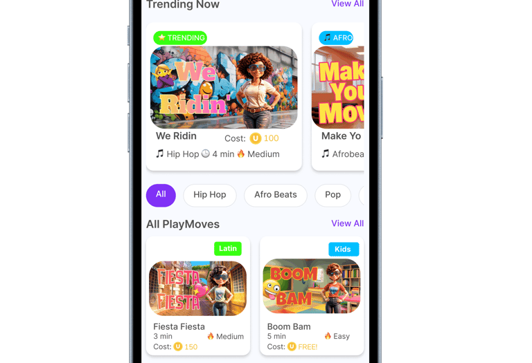 App screen showing a preview of PlayMoves users can choose from.