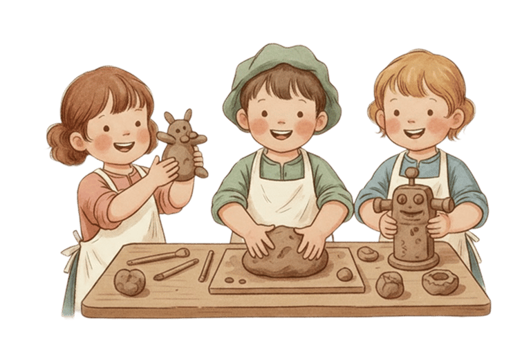 trys vaikučiai lipdo prie stalo iš molio, vykstand molio edukacijai