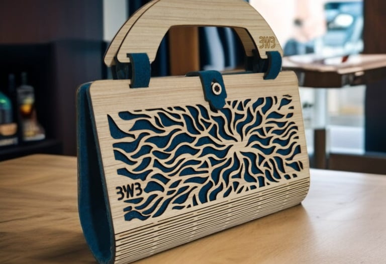 a wooden purse with a wooden handle and a wooden handle