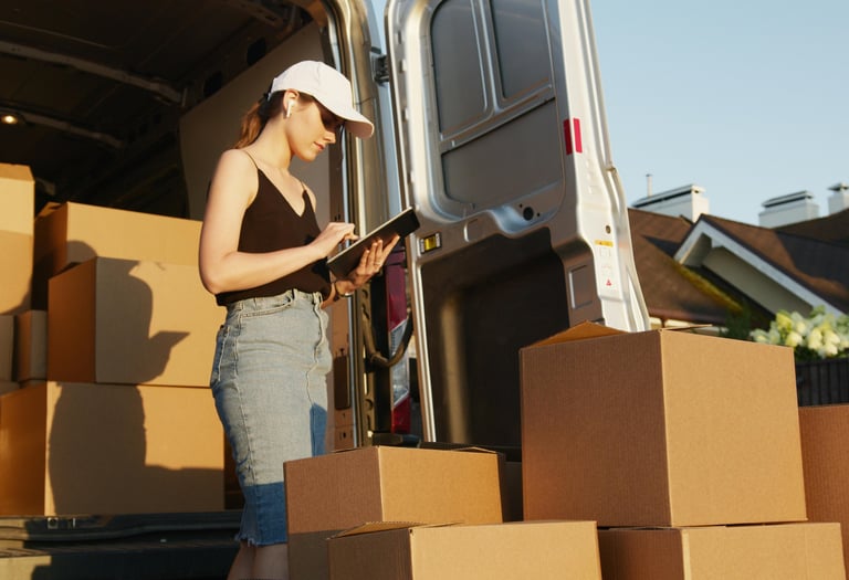 Woman checking inventory after unloading cardboard boxes from van
