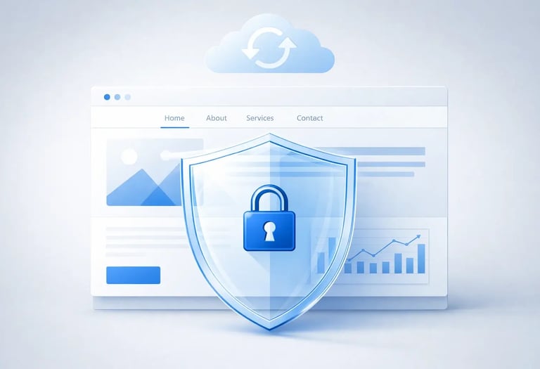 Small business website protected by security shield and automated cloud backups