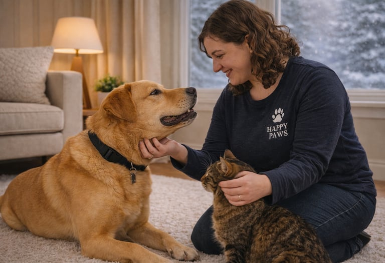 Pet sitter providing calm indoor care for a dog and cat.