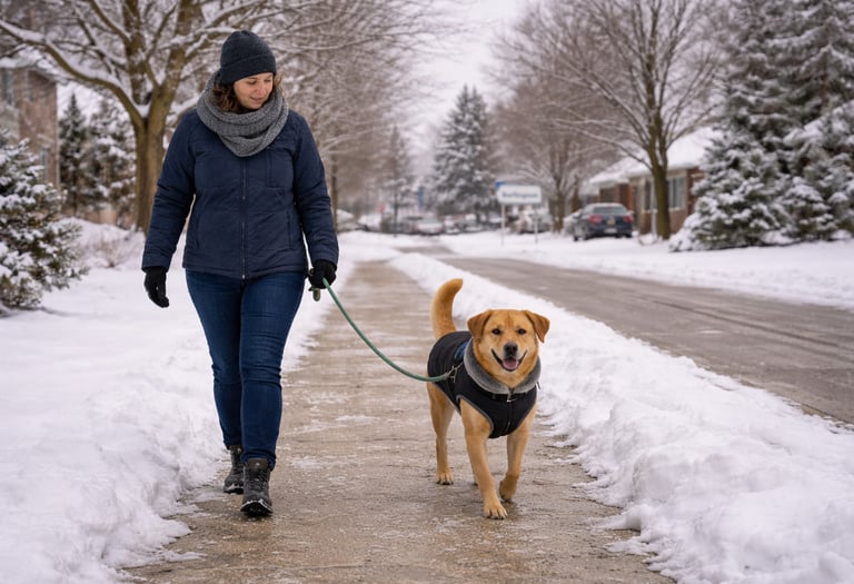 Dog walking on a cleared winter sidewalk in Oakville.